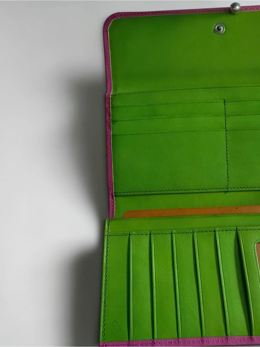 Vintage Monsac Hot Pink Lime Green Leather Tri Fold Wallet Colorblock Y2K Retro
